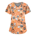 Pink Plus Size Halloween Pumpkin-Headed Bat Printed Scrub Top with Pockets - M Variation