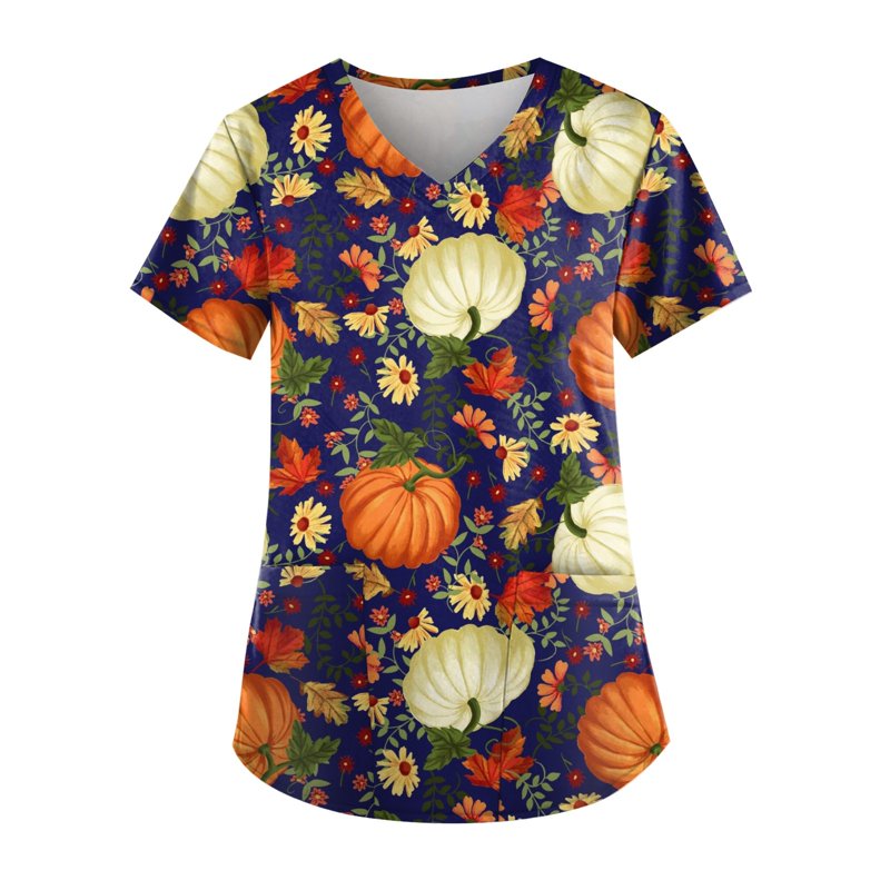 Navy Plus Size Halloween Pumpkin-Headed Bat Printed Scrub Top with Pockets - S Variation