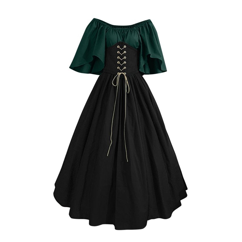 Black Plus Size Renaissance Costume Dress with Corset & Ruffle Overdress 5XL