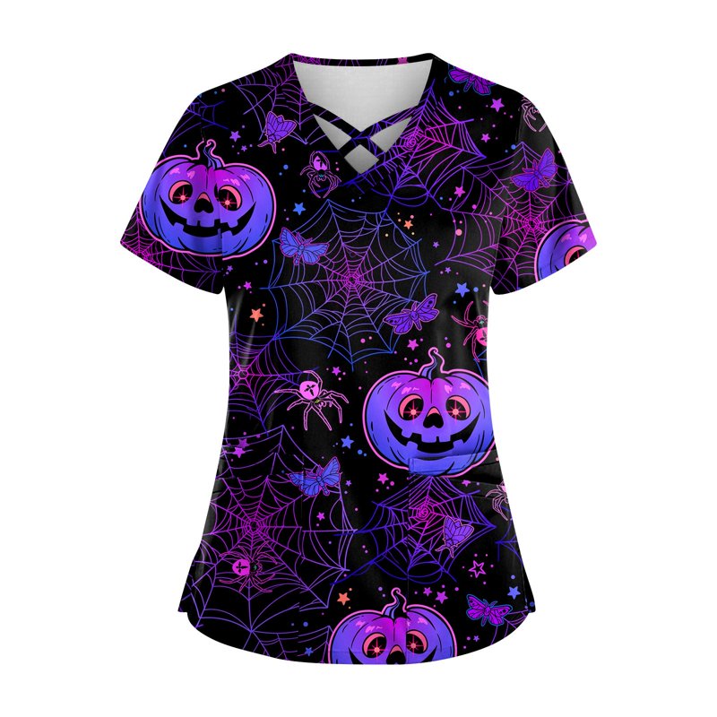 Plus Size Halloween Printed Scrub Top XL Dark Purple Nurse Uniform with Pockets