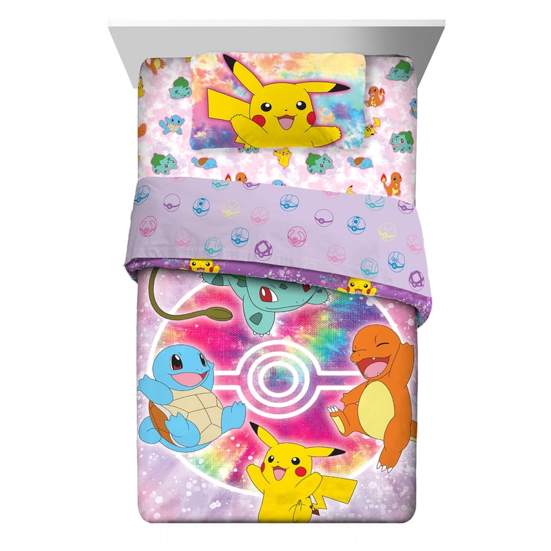 Pokemon Kids Reversible Comforter Bed in a Bag - Full Size, Purple Pink Tie Dye