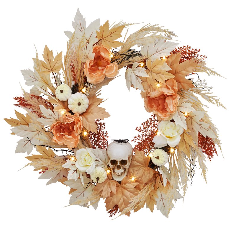 Prelit Halloween & Fall Wreath 22 Inch with Pumpkin, Bone & Maple Leaves