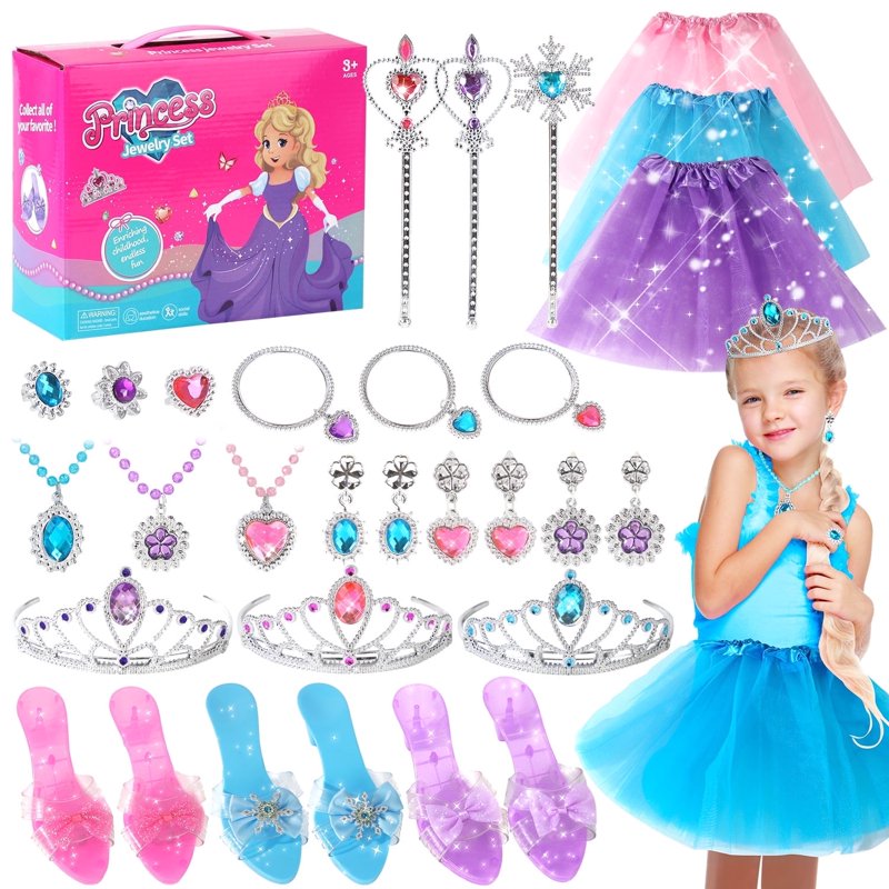 Princess Dress Up Set for Toddlers with Jewelry Crown Shoes & Wand - Pink & Purple, 3-6 Years - Variation of Princess
