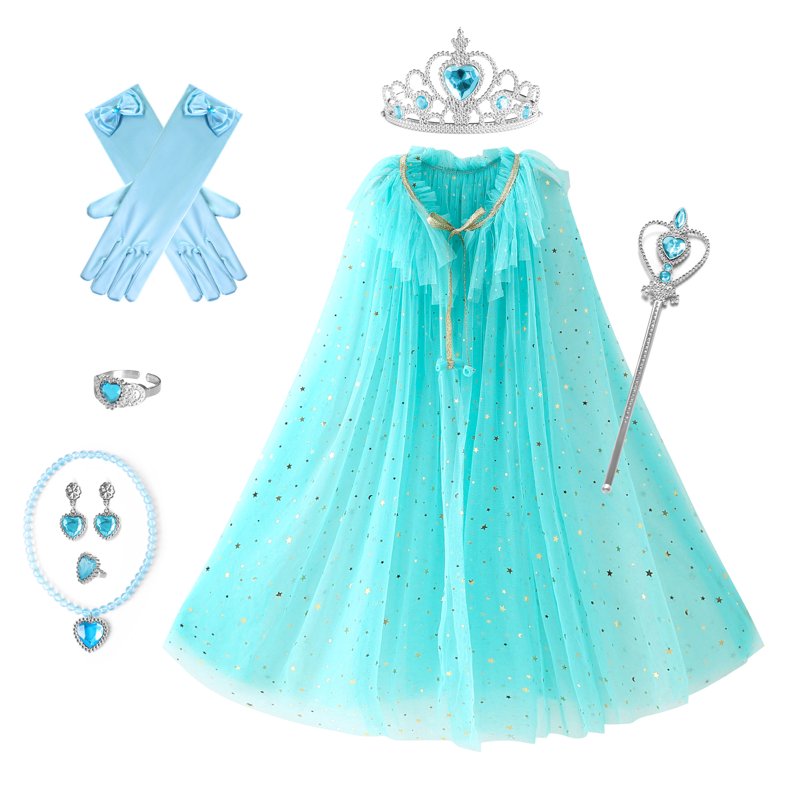 Light Blue Princess Dress Up Set with Cape, Crown & Jewelry for Girls - 7 Pieces, S