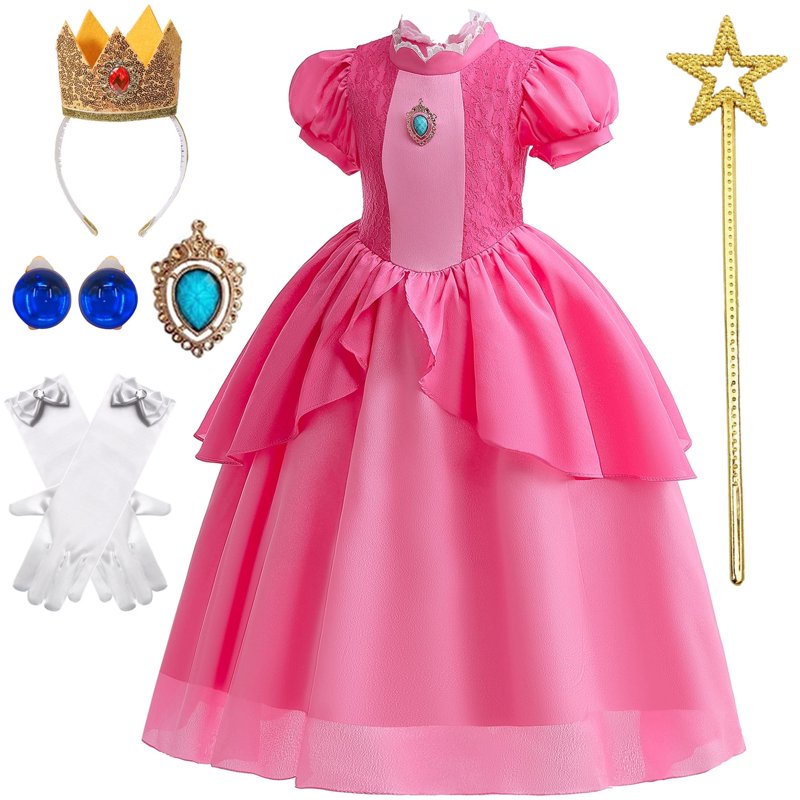 Girls Princess Costume Dress Up Outfit with Crown Gloves Earring Wand - Peach 6-7Y (P03)