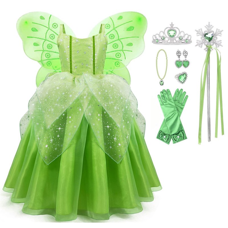 Girls Fairy Costume Dress with Wings & Accessories, 7-8 Years - Green Princess Outfit for Halloween & Party