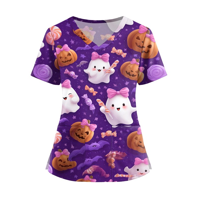 Halloween Pumpkin-Head Bat Print Scrub Top Women Plus Size S Purple - Fun Nurse Uniform