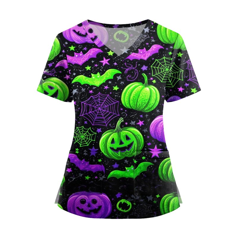 Plus Size Halloween Pumpkin-Head Bat Printed Scrub Top Women Green 10XL