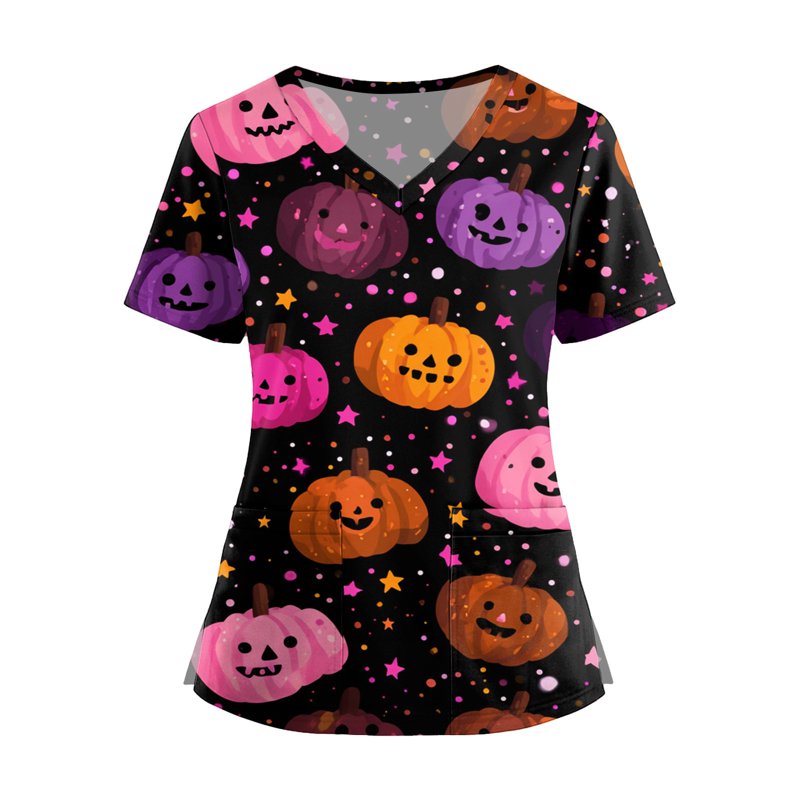 Halloween Pumpkin-Headed Bat Printed Scrub Top for Women - Light Pink, Size L - Plus Size Cute Nurse Uniform