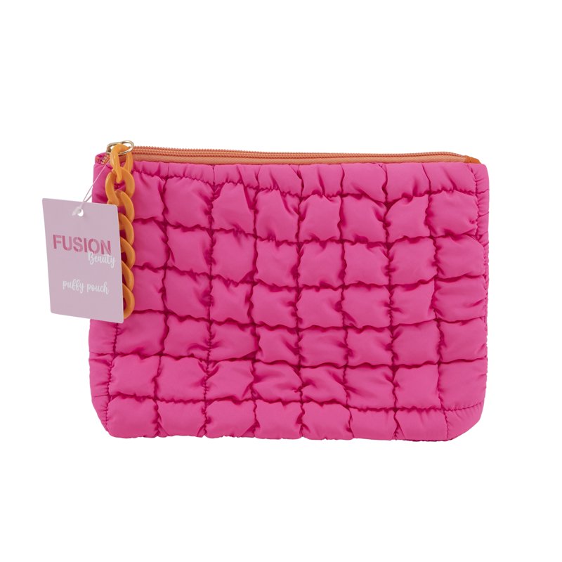 Quilted Puffy Cosmetic Pouch, Bright Pink Nylon Makeup Bag, 9-Inch