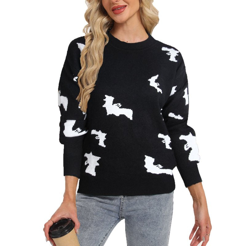Halloween Bat Pattern Pullover Sweater for Women - Black XL, Casual Knit Top