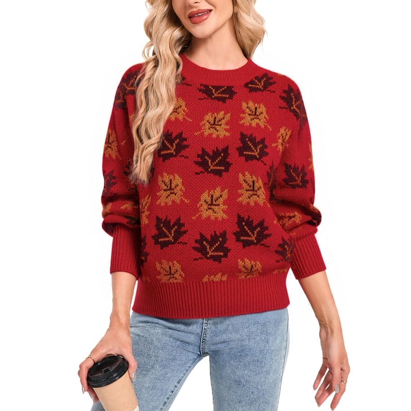 Women’s Y2K Maple Leaves Print Sweater - Red S Crewneck Fall Winter Knit Pullover