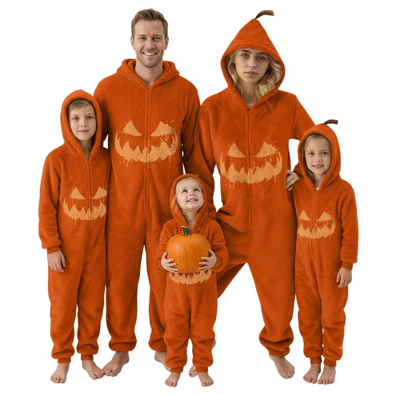 XL Pumpkin Costume Onesie for Adults - Jack-O-Lantern Fleece Pajama Halloween Wear