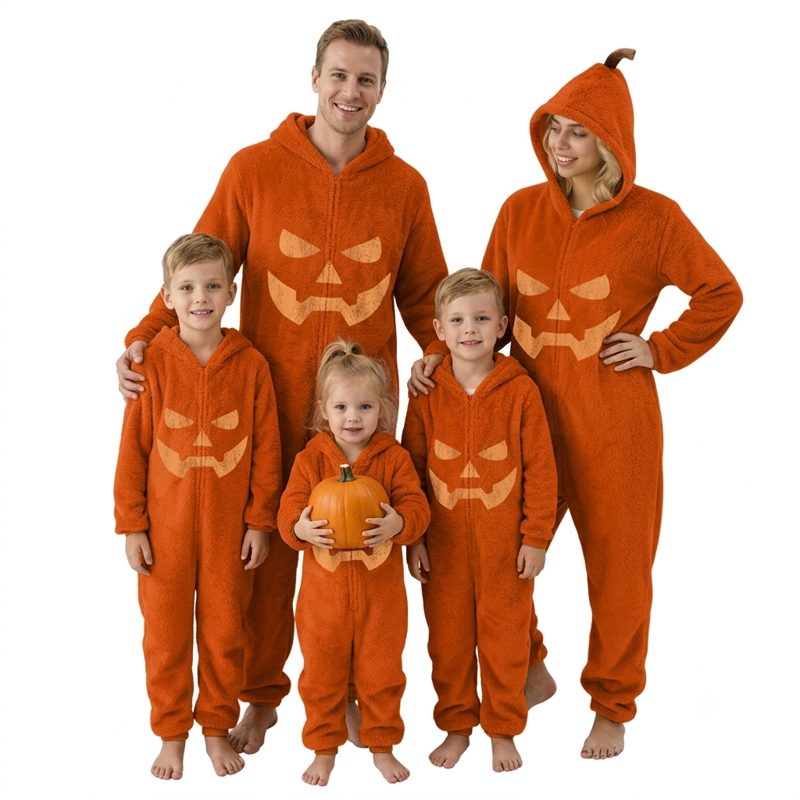 Kids Pumpkin Cosplay Onesie - Halloween Family Matching Hooded Fleece Pajama Set 5-6Y
