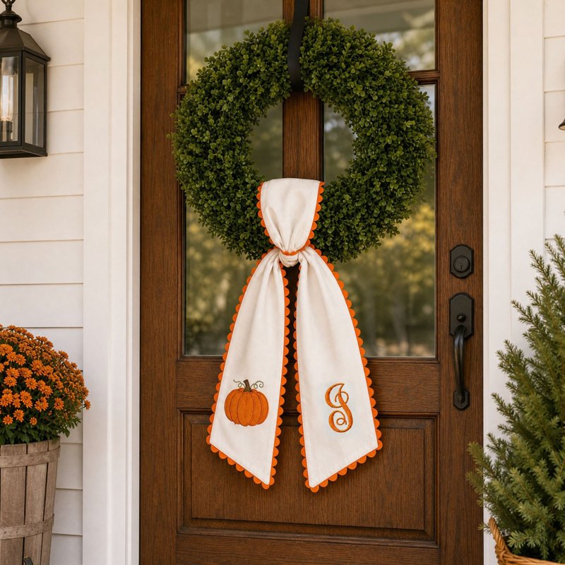 Halloween & Fall Pumpkin Embroidered Wreath Sash - Orange Scalloped Ribbon - Seasonal Front Door Decor - Variation I