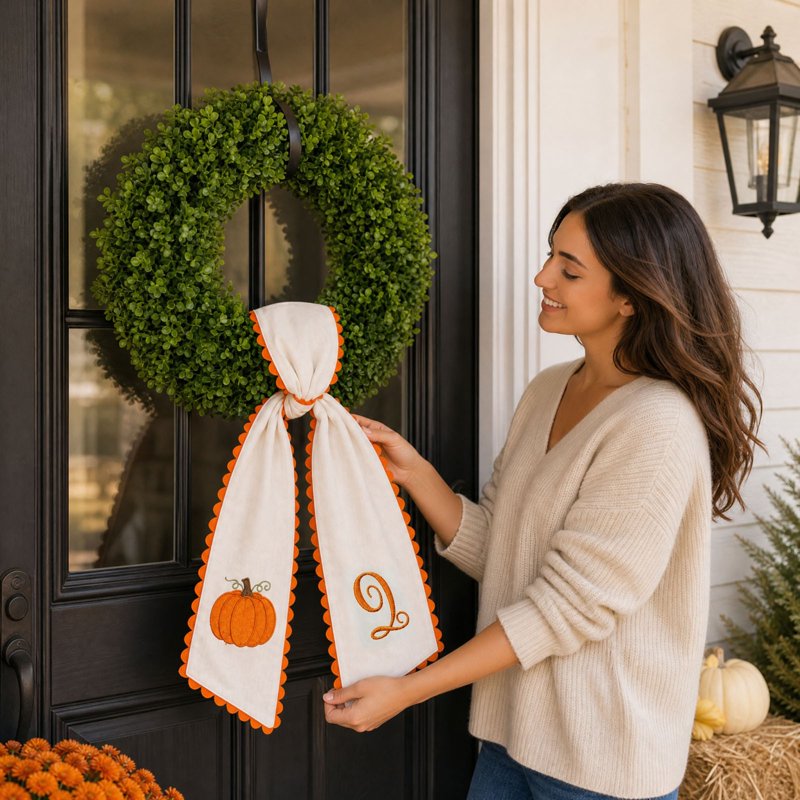 Pumpkin Embroidered Wreath Sash - Fall & Thanksgiving Decor - Q