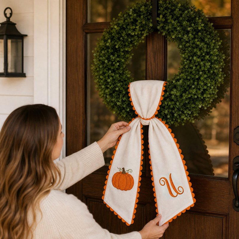 Pumpkin Embroidered Wreath Sash - Fall & Thanksgiving Decor - U