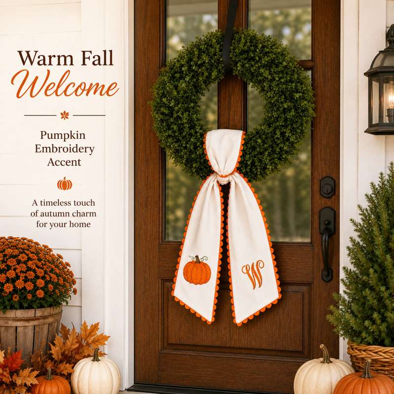 Pumpkin Embroidered Wreath Sash - Fall Orange Scalloped Ribbon for Halloween & Thanksgiving - Variation W
