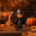 Halloween Pumpkin Grim Reaper Statue with Glowing Head - Hand-Painted Resin Ornament - Black Variation #320