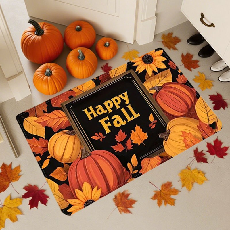 Fall Pumpkin Maple Leaf Doormat - Thanksgiving Halloween Non-Slip Floor Rug, Washable Entryway Decor (Variation C)