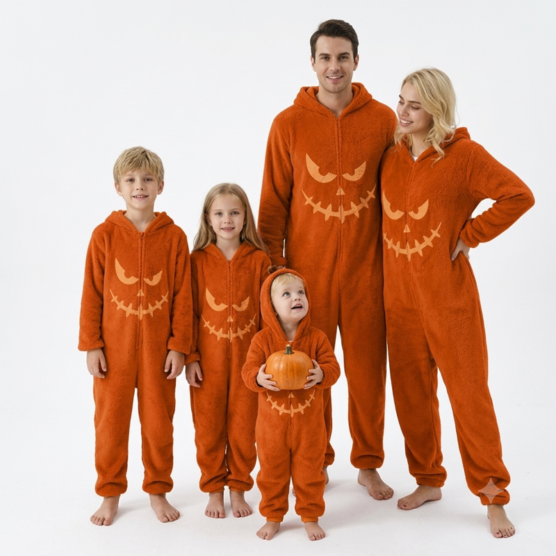 XL Pumpkin Cosplay Jumpsuit Halloween Costume for Men Women - Cozy Fleece Hooded Jack-O-Lantern Pajama