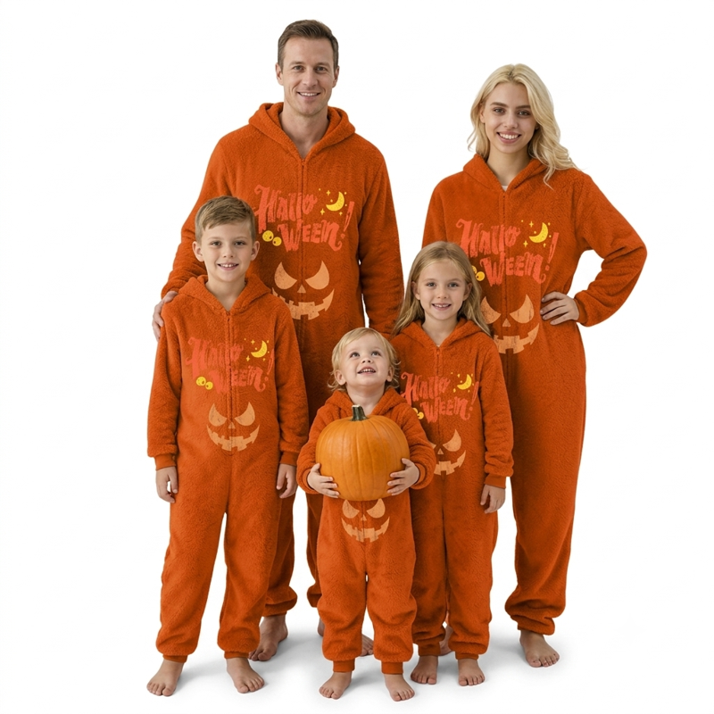 Halloween Pumpkin Cosplay Pajama Set XL - Cozy Fleece Hooded Romper for Family Costume