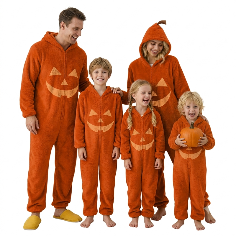 XL Pumpkin Cosplay Pajamas Unisex Hooded Sleepwear Halloween Family Set