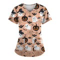 Plus Size Halloween Pumpkin-Headed Bat Printed Nurse Scrub Top - XXXL
