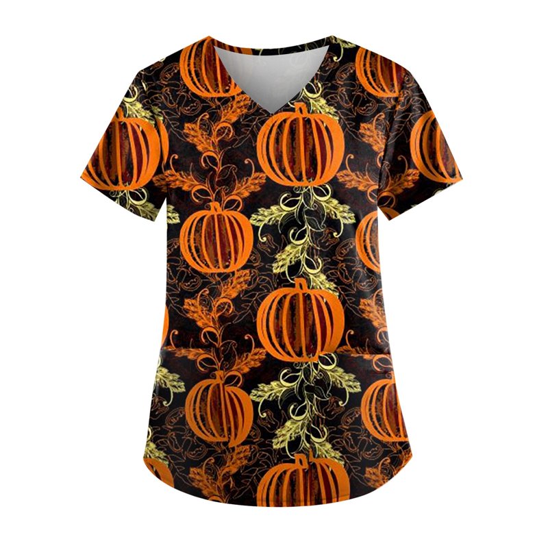 Gold Pumpkin Bat Printed Scrub Top for Women - Plus Size Halloween Nurse Uniform L