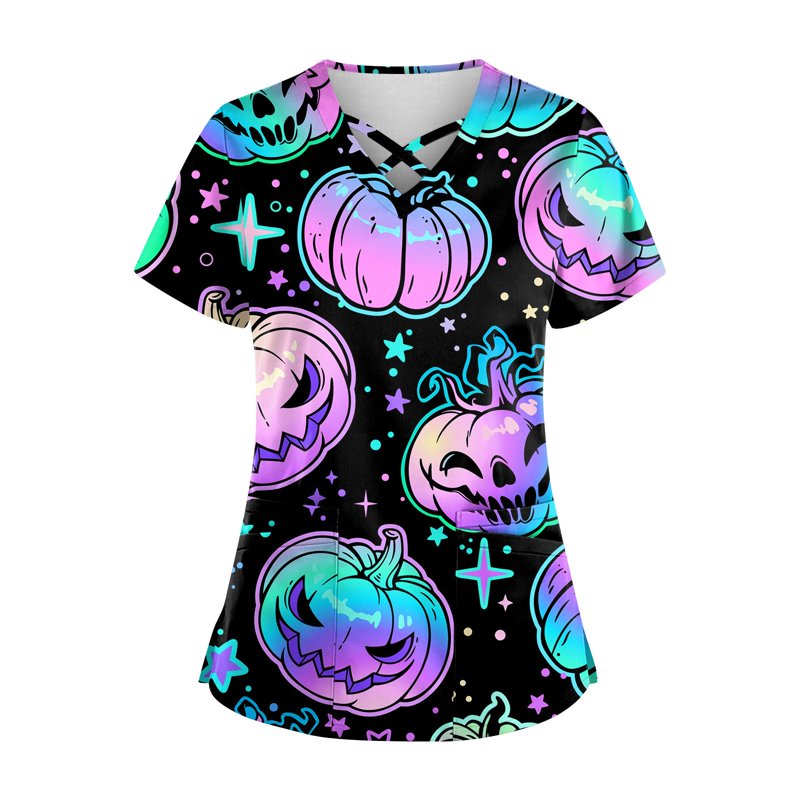 Plus Size Pumpkin Printed Nurse Scrub Top with Pockets - Light Purple XXXL