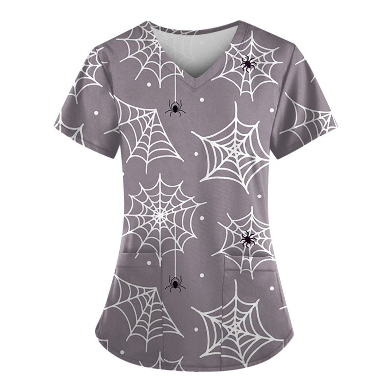 Women's Halloween Pumpkin-Headed Bat Printed Scrub Top - Gray, S | Nurse Uniform with Pockets