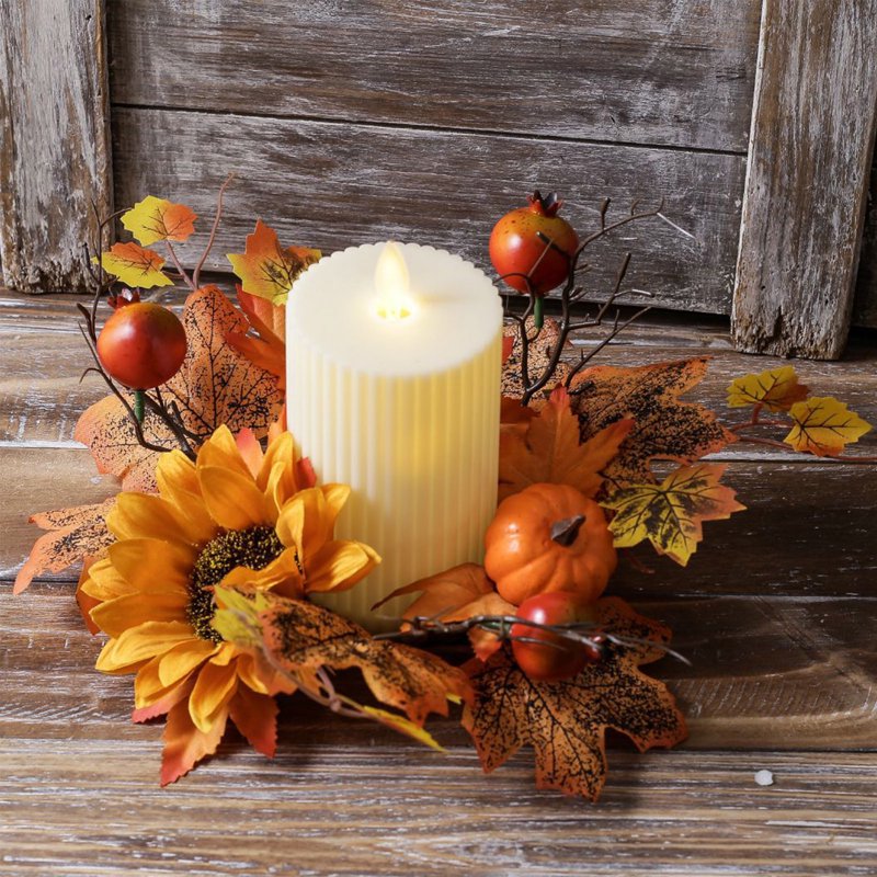 Autumn Pumpkin Maple Leaf Candle Ring Wreath - Fall Harvest Table Decor - Variation A