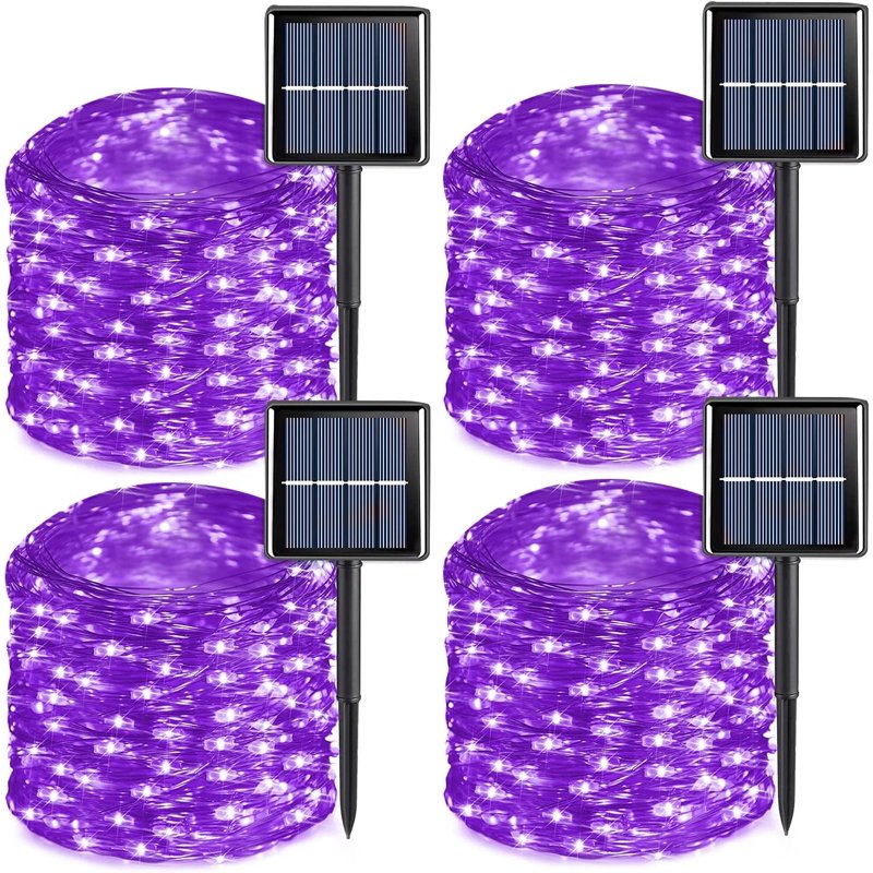 Purple Solar Fairy String Lights 33ft 100 LED Outdoor Waterproof 2 Pack with 8 Modes, Silver Wire for Garden Patio Halloween Christmas