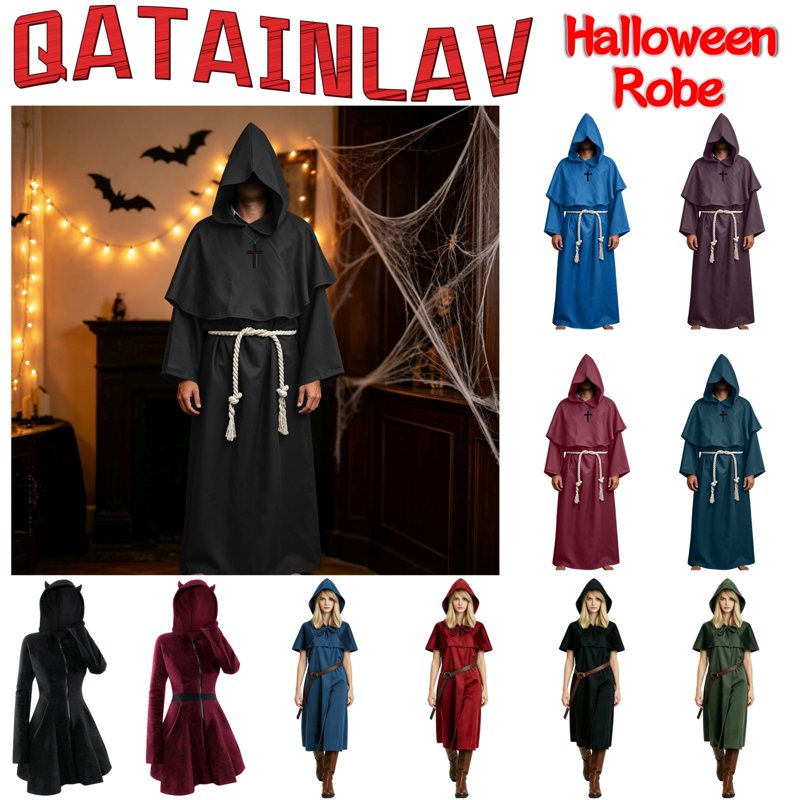 Medieval Monk Costume Set for Halloween Cosplay - Long Sleeve Robe & Belt, Blue, XL (Variation of Halloween Costumes Blue, XL)