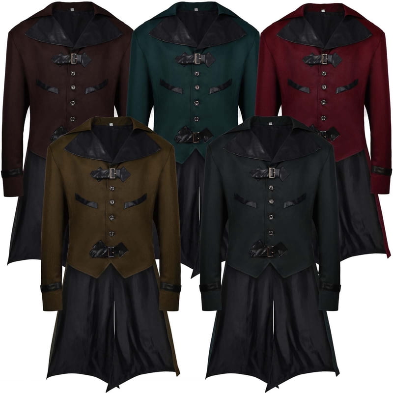 Men's Gothic Victorian Long Hem Coat with Buckle Closure - Blue Pirate XXXL Variant