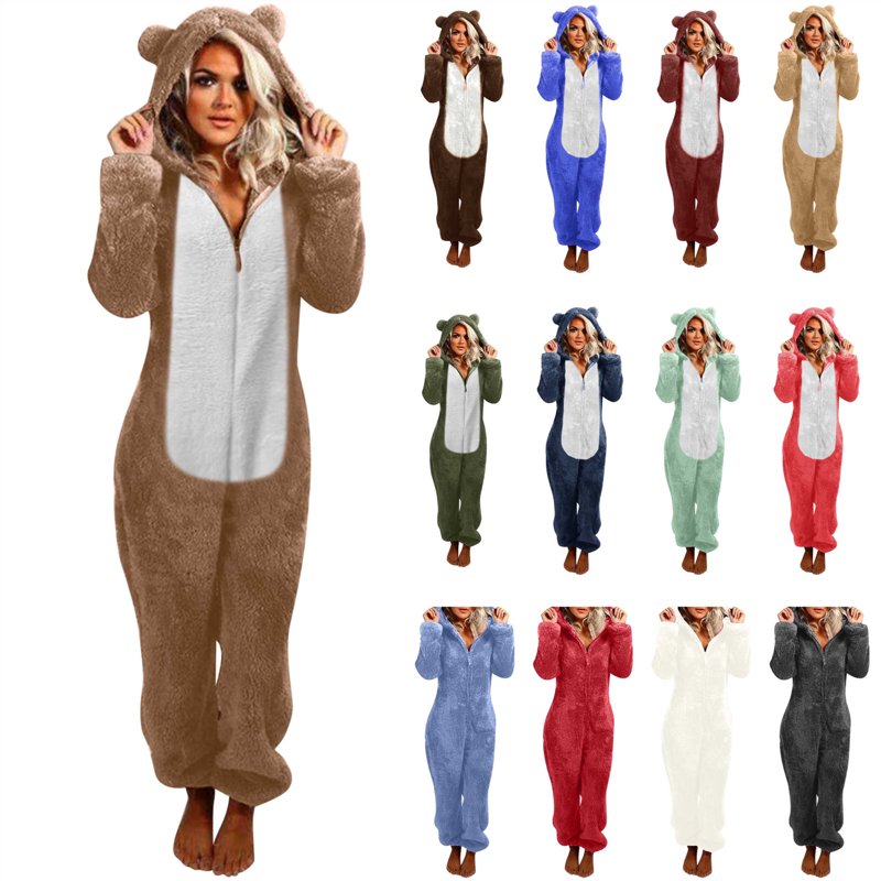 Women’s Sherpa Fleece Jumpsuit with Cat Hood, Black XL Winter Pajamas