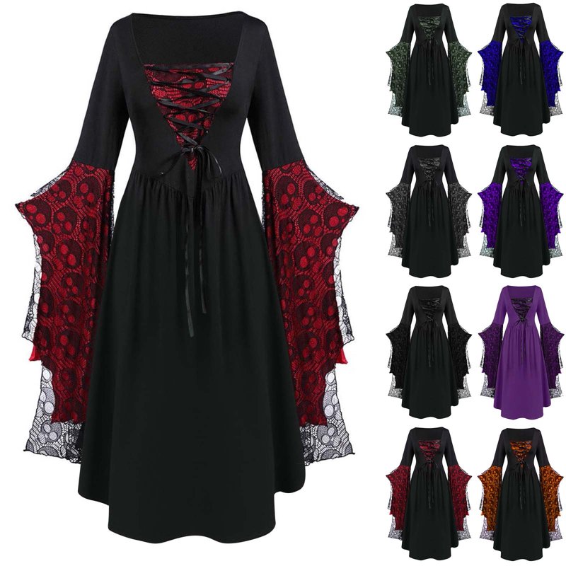 Blue Gothic Witch Dress for Women - Renaissance Costume with Bat Sleeves, Size M - AA-Blue