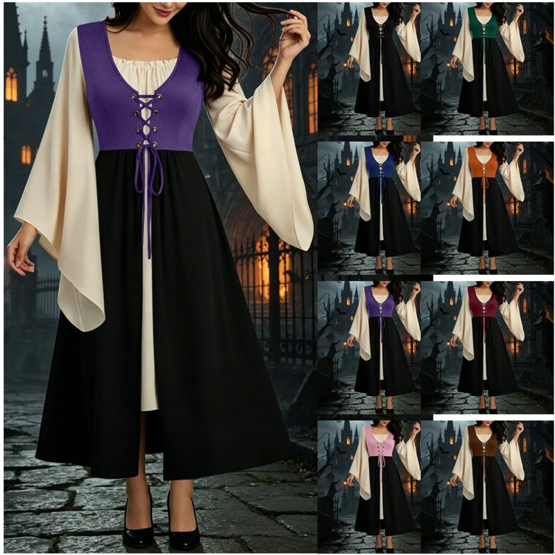 Women's Renaissance Medieval Costume Dress with Bell Sleeves - Purple Halloween Steampunk Dress, Size L