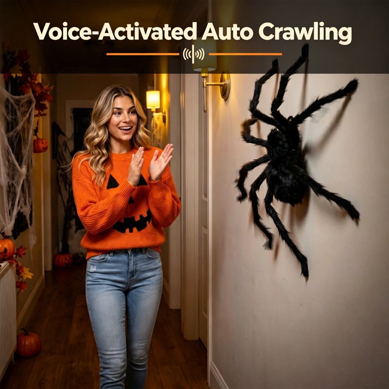 Giant Voice Activated Black Furry Spider Halloween Decor - Crawling Animated Prop