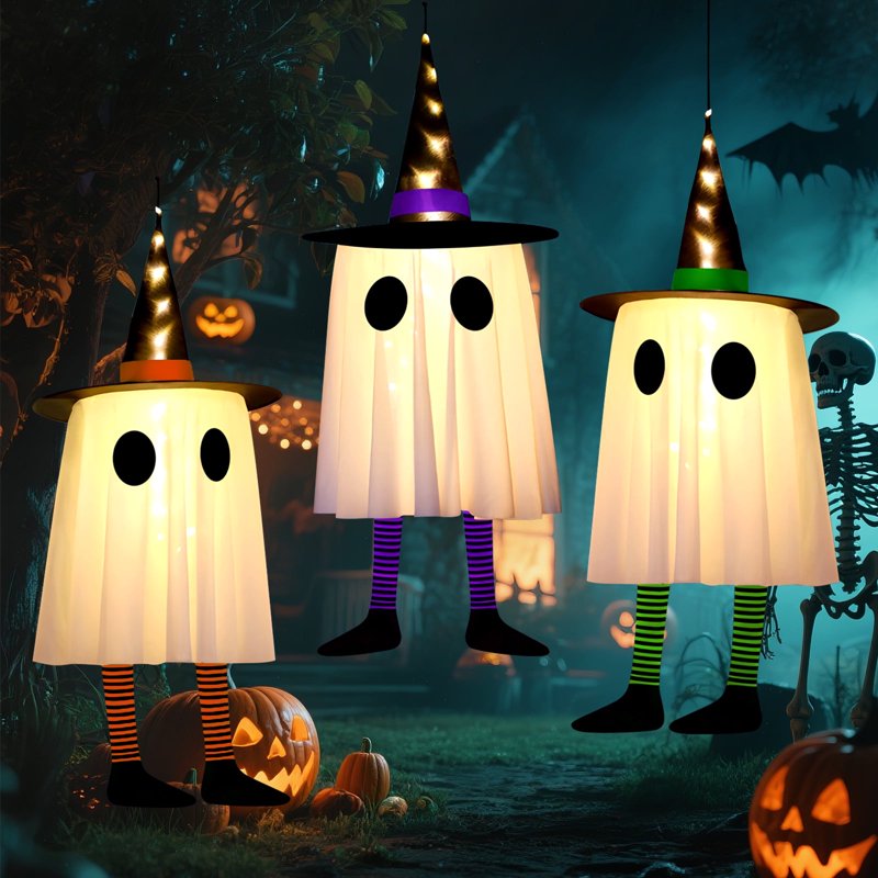 Halloween LED Hanging Lights 3-Pack Witch Ghosts - Purple, Green, Orange, Waterproof Battery Case, 3 Modes - 3pcs Witch Ghosts