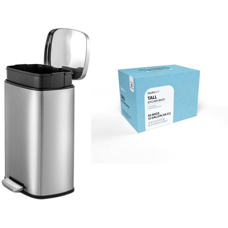 QualiaZero 13 Gallon Stainless Steel Rectangular Trash Can with Soft Close Lid - Silver + Trash Bag