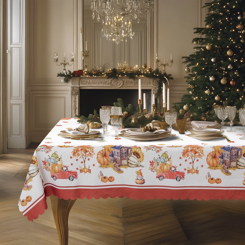 Christmas Table Cloth - 52" x 70" Yellow and Red - Heavy Duty Polyester