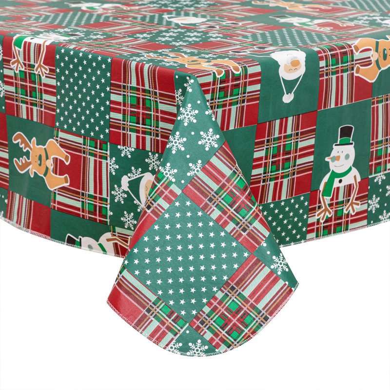 Waterproof Elk Green Christmas Tablecloth 60x120 Inch Vinyl