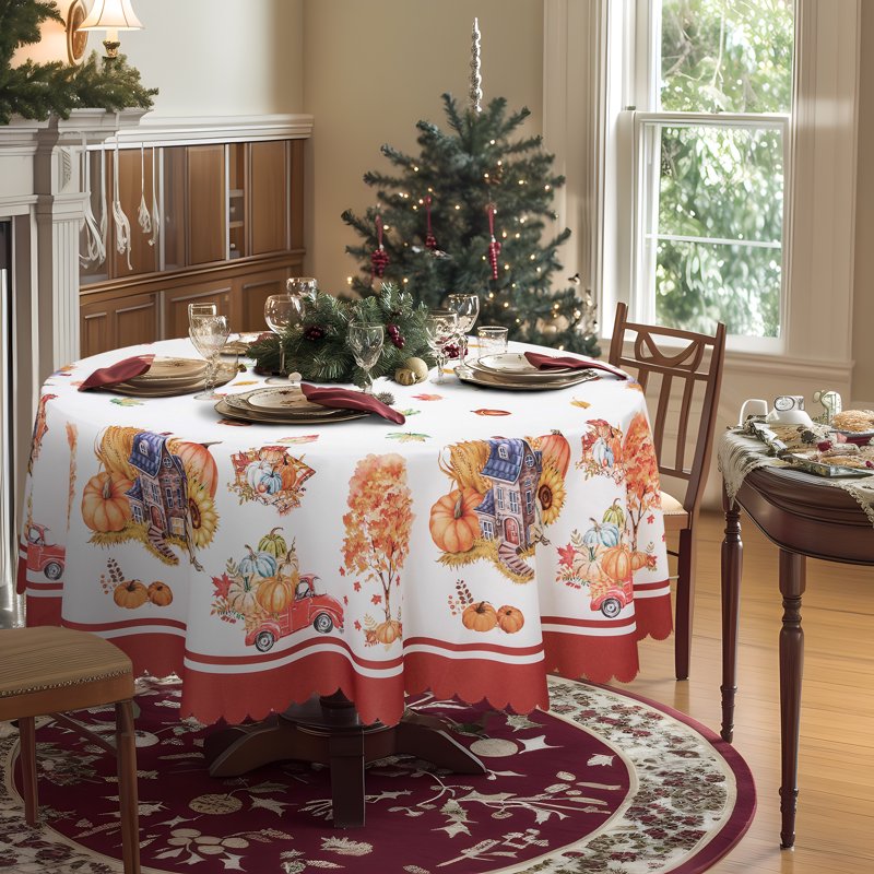 Christmas Tablecloth 60 Inch Round - Heavy Duty Polyester, Yellow & Red