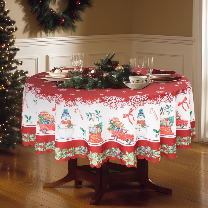 Christmas Tablecloth - 60 Inch Round Red, Machine Washable Polyester