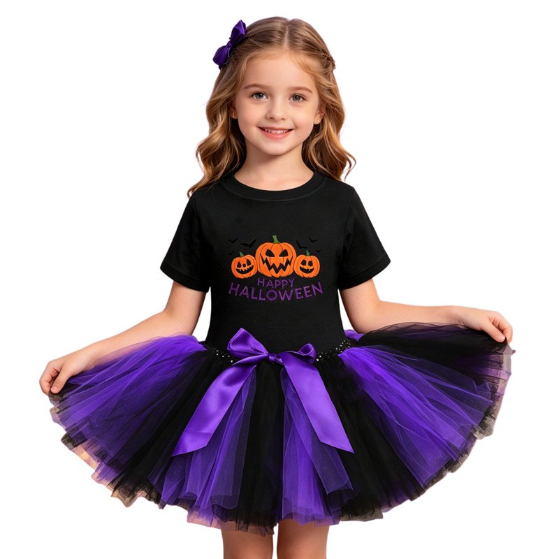 Girls Halloween Witch Costume Set with Pumpkin Tutu Dress & Bow Hair Accessory - Purple, 7-8 Years