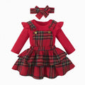 Red 3-6 Months Baby Girl Christmas Outfit Plaid Romper & Suspender Dress Set - Fall Winter Cute Clothes