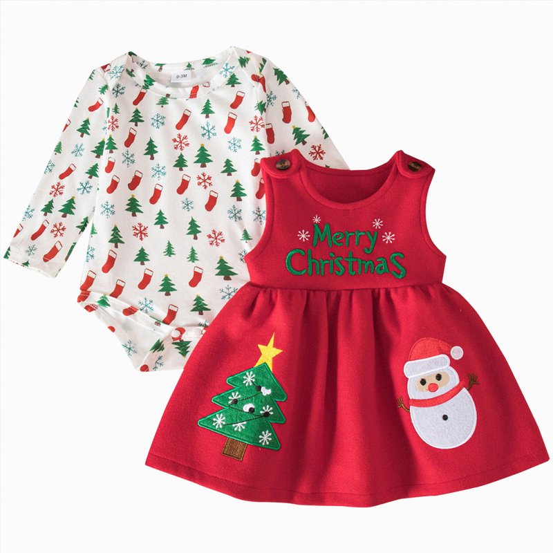 Baby Girl First Christmas Outfit Set - White Ruffle Romper & Suspender Dress 9-12 Months