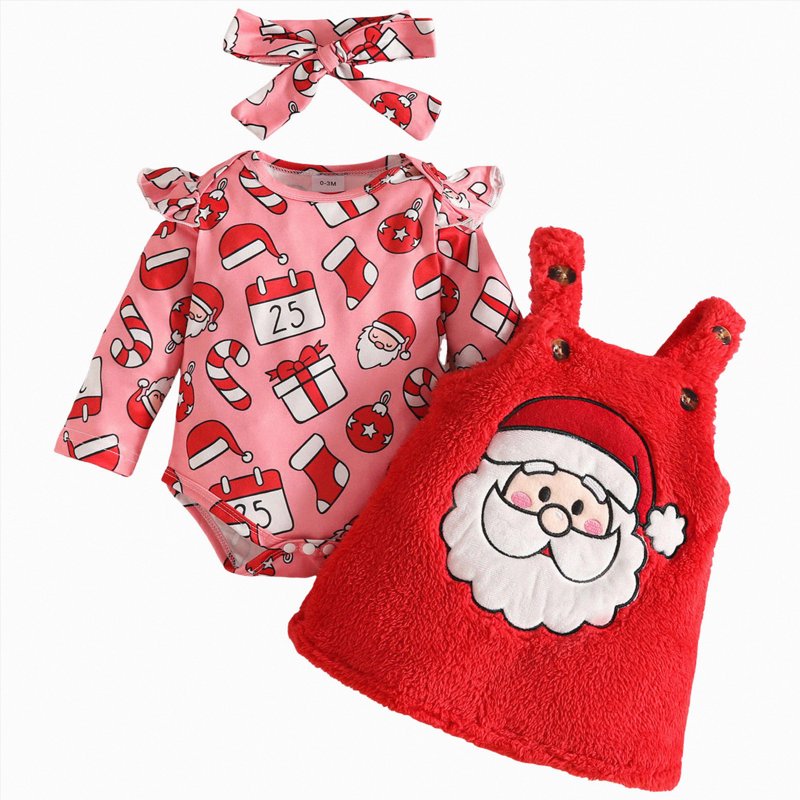 Baby Girl First Christmas Outfit Set - Red 0-3 Months with Ruffle Romper & Suspender Dress