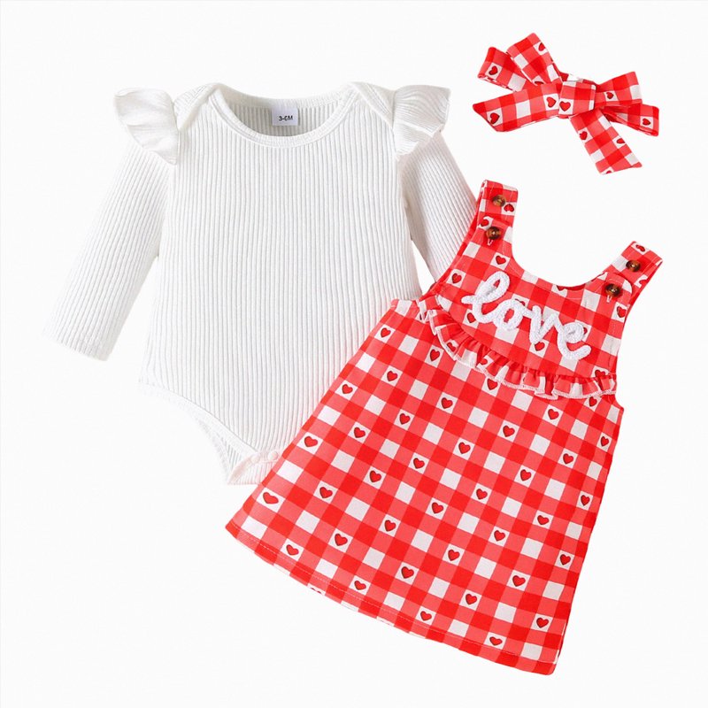 A02-Z1 Red Baby Girl Christmas Outfit 3-6 Months Ruffle Romper & Suspender Dress